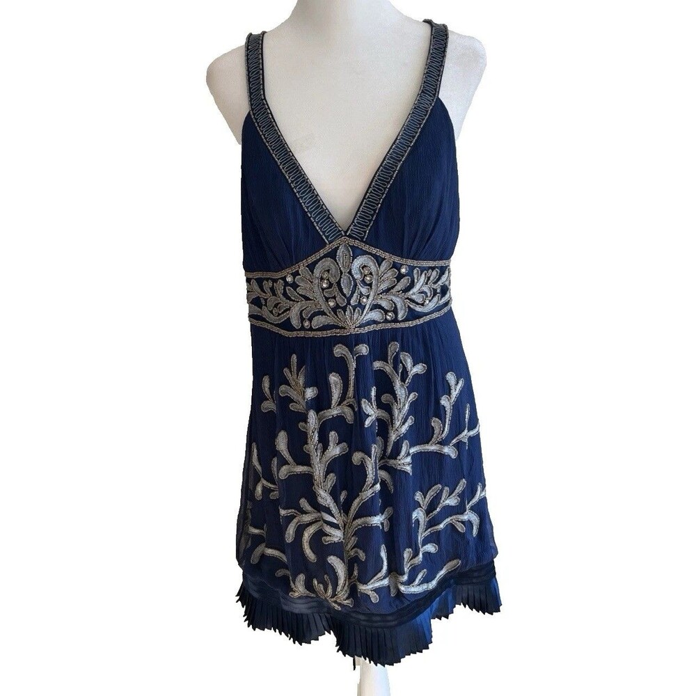 Sue Wong Nocturne 12 blue beaded dress Y2K vintage silk evening party bubble hem